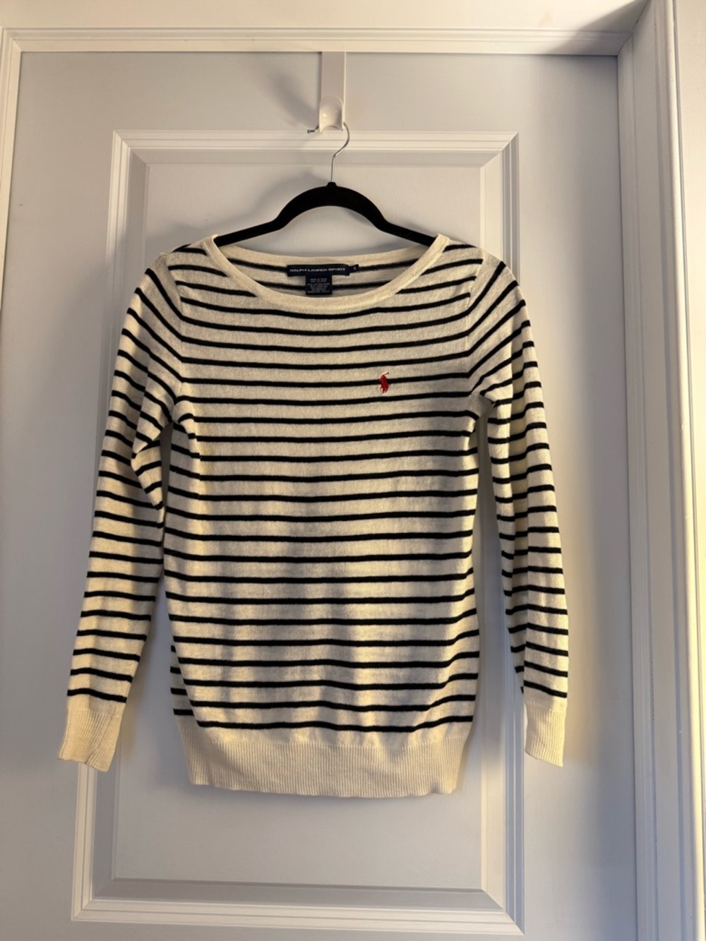 Ralph Lauren Ivory and Black Striped Lightweight Sweater with Red Polo Logo